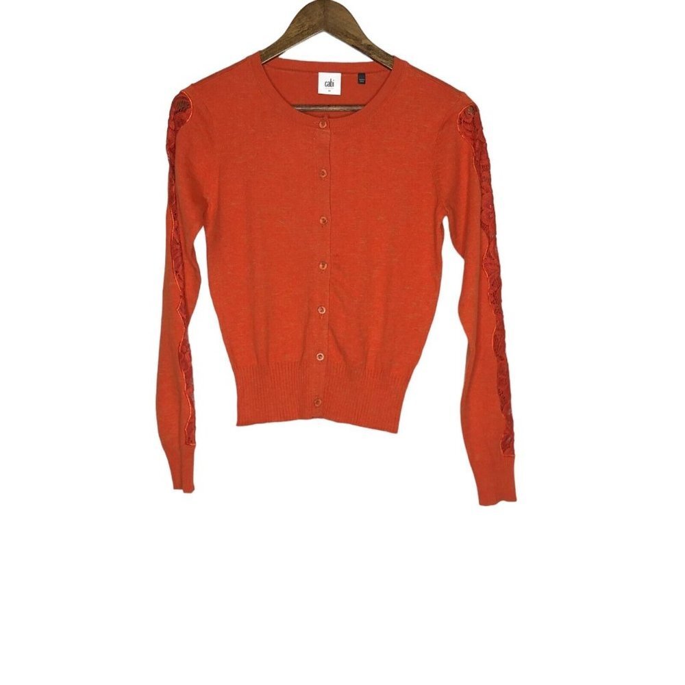 Cabi Orange Button Down Sweater Lace Detail Long Sleeve Size XS